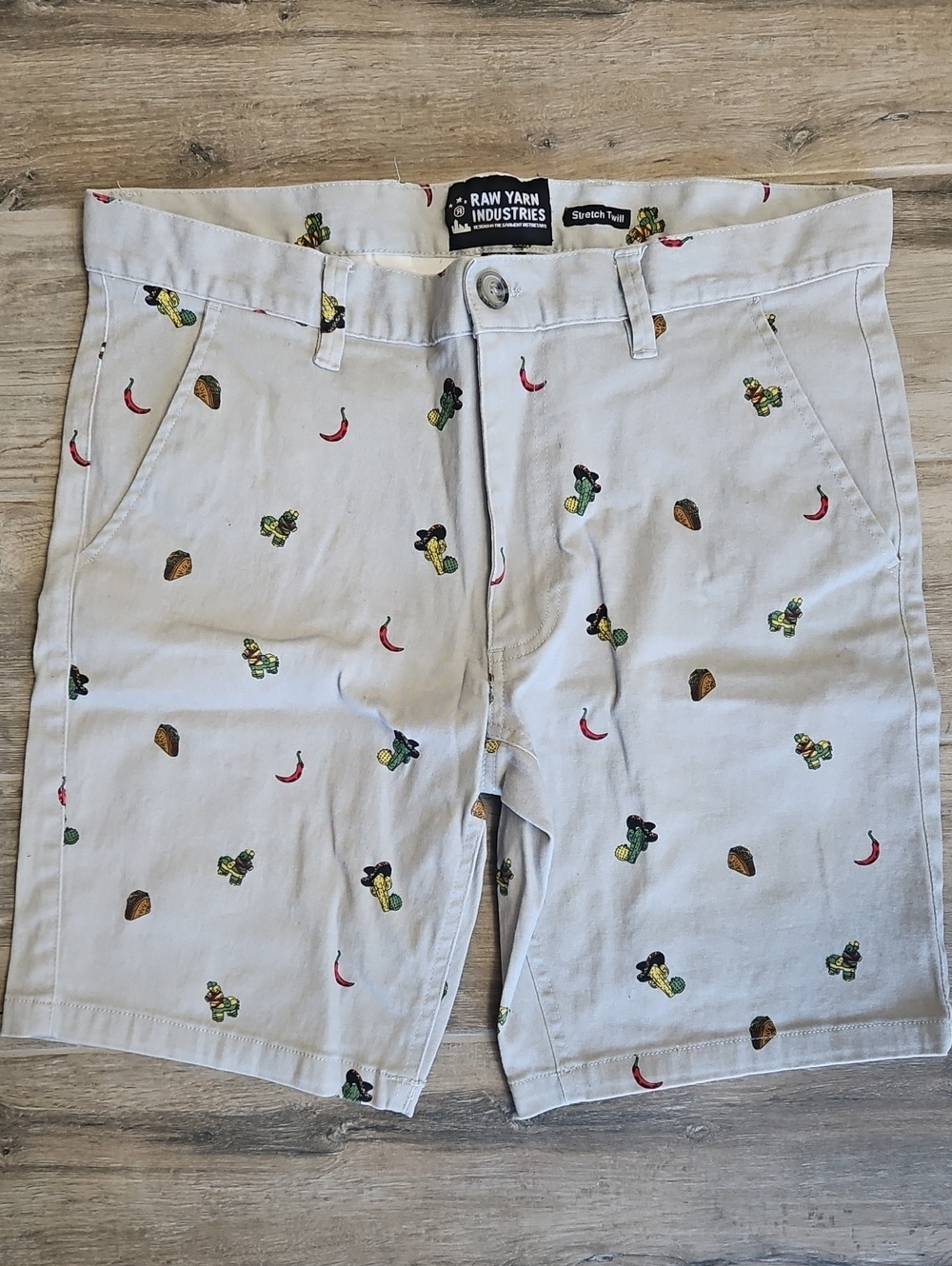 Light Gray Stretch Twill Embroidered Cactus, Taco & Chili Shorts